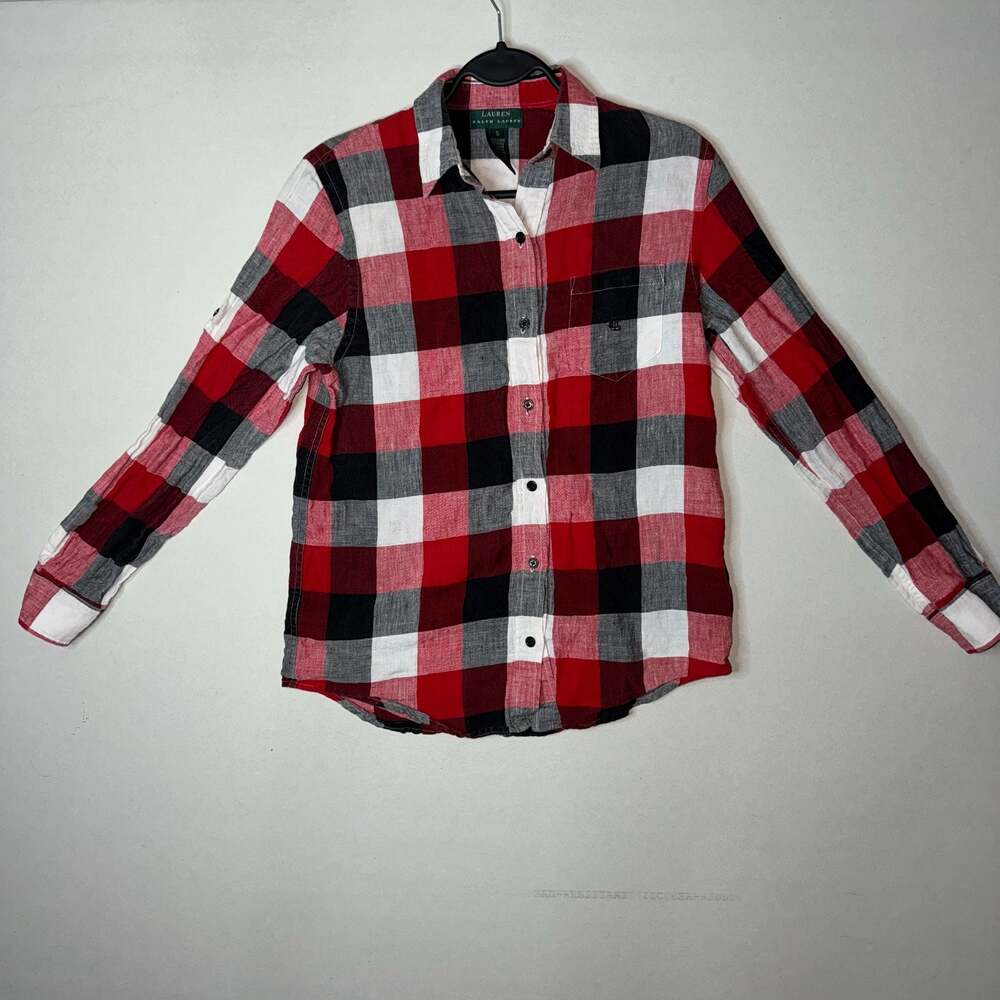 Lauren Ralph Lauren Red Black White Buffalo Plaid Linen Button Down Shirt Size S